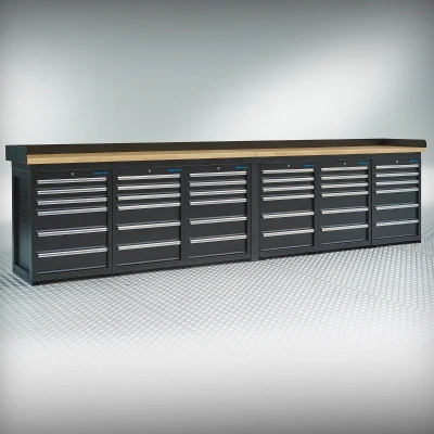 Afbeelding van Werkbank PRO eiken werkblad 36 lades 400 cm zwart