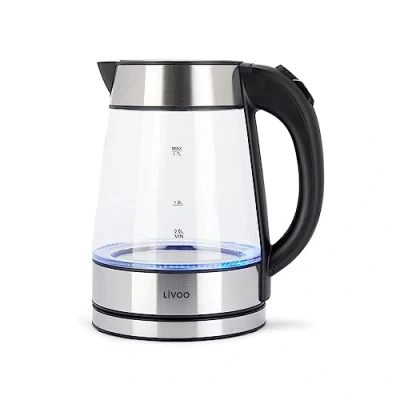 Afbeelding van Livoo Glazen waterkoker roestvrij staal en borosilicaatglas, 1,7 l, 2200 W, blauwe achtergrondverlichting