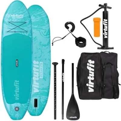 Afbeelding van VirtuFit Supboard Ocean 275 Turquoise Stand Up Paddle Board Opblaasbaar Voor beginners en gevorderden Verstelbare peddel Max. 180 kg Met accessoires draagtas