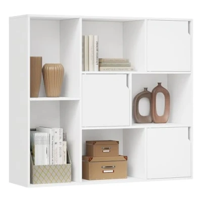 Afbeelding van WOLTU Boekenrek met 8 vakken, rek 3 deuren, vrijstaande plank, rugleuningplank, opbergrek voor kantoor, woonkamer, 106 x 96 30 cm, wit SK056ws