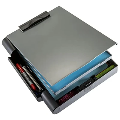 Afbeelding van Officemate OIC83357 Formulierhouder van gerecycled kunststof (formaat A4), compacte opbergdoos voor documenten en klempers, aparte pen magnetisch vak, grijs/zwart