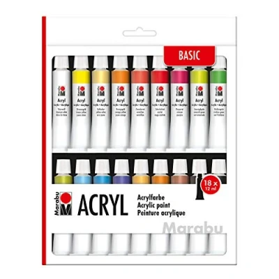 Afbeelding van Marabu 121000000202 Acrylverfset met 18 kleuren à 12 ml acrylverf, ondoorzichtig, mat, glanzend op waterbasis, voor chassis, schilderkarton, papier en hout, sneldrogend