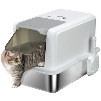 Afbeelding van PawHut bac à litière pour chat avec couvercle, en acier inoxydable, filtre intégré, pelle jusqu&#039;à 6 kg, blanc