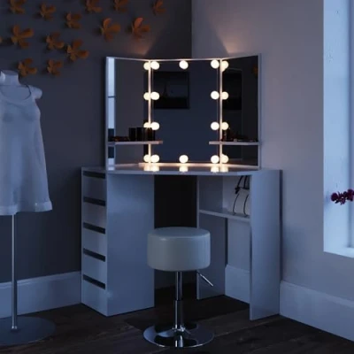Afbeelding van Vicco Hoek kaptafel Arielle, Wit, 110 cm met LED verlichting en kruk