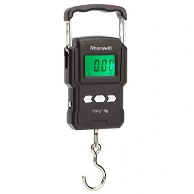 Afbeelding van Rhorawill Visweegschaal, 75 kg weegschaal voor hangende bagage, elektronische visweegschaal met lcd display achtergrondverlichting, meetlint en 2 AAA batterijen, geschikt vissen in de open