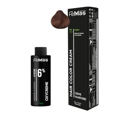 Afbeelding van Femmas Haarkleurset, medium blond koper 7.4, kleurcrème 100 ml, oxycrème 6% I permanente haarverf + ontwikkelaar zacht en duurzaam