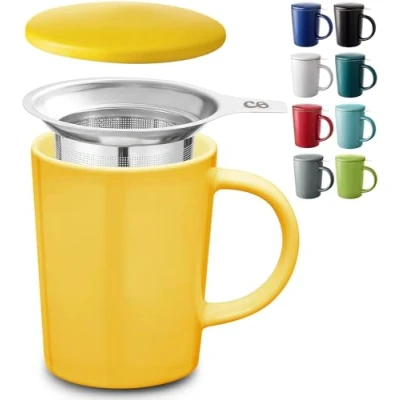Afbeelding van Cosumy Theemok met theezeef en deksel, 400 ml, groot, keramiek, blijft lang warm, geel