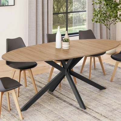 Afbeelding van Table à manger ALIX plateau ovale 10 personnes pied araignée bois et noir 200 cm