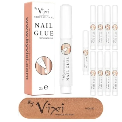 Afbeelding van 2 g x 10 By Vixi extra sterke nagellijm met gratis voorbereidingsvijl en kwast, onmiddellijke hechting droging, professionele kwaliteit