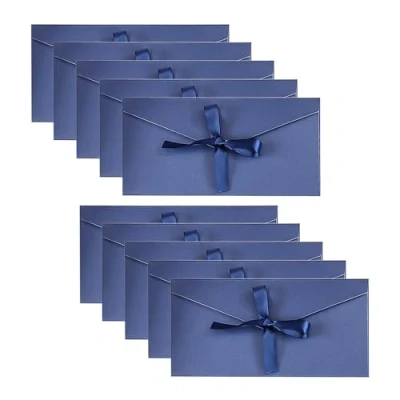 Afbeelding van 10 stuks meerblauwe enveloppen met linten, wenskaarten van kraftpapier, geschenkenveloppen, uitnodigingsenveloppen (22 x 11 cm)
