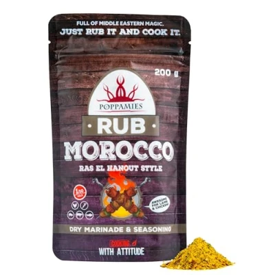 Image de assaisonnement barbecue Poppamies Maroc, Style Ras El Hanout Marinade sèche et BBQ Parfait pour le poisson, les légumes, poulet, porc, bœuf Grand paquet (200g)