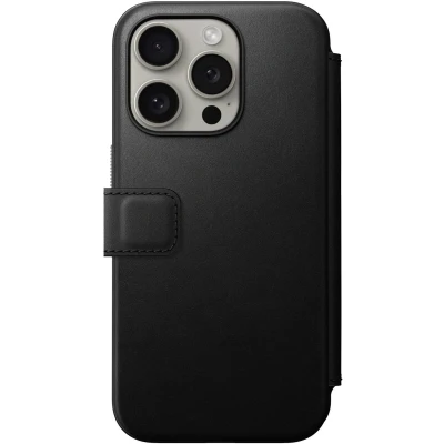 Afbeelding van Nomad Modern Leather Folio Book cover hoesje voor iPhone 15 Pro leder Geschikt MagSafe en draadloos opladen Zwart