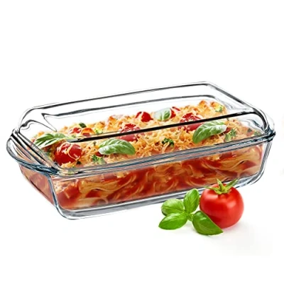 Afbeelding van KADAX Ovenschotel van hittebestendig glas, vuurvast potje, glazen braadpan met deksel en handgrepen, servies voor het braden, oven, elektrische fornuis, lasagne, vlees, transparant (rechthoekig, 3,95 l)