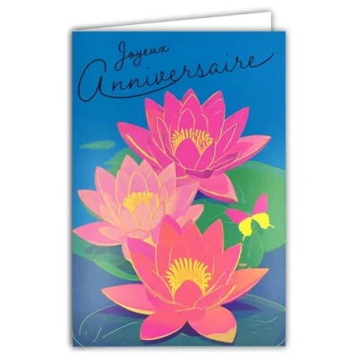 Afbeelding van AFIE 69 8104 Carte FLUO Joyeux ANNIVERSAIRE avec Enveloppe 12x17,5cm Illustration Fleurs Nénuphars Roses Lotus d&#039;eau bleue Papillon Véritables encres Créé et Fabriqué en France