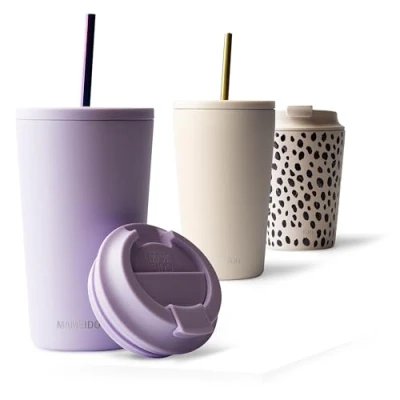 Afbeelding van MAMEIDO Thermosbeker met rietje, 470 ml, waterdichte koffiethermos, van roestvrij staal, BPA vrije thermobeker, koffie (Lavender Haze, 0,47 l)