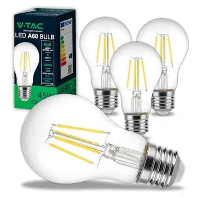 Afbeelding van V TAC 4 x led lampen met filament E27, A60 6 W (komt overeen 45 W), 600 lumen, glazen lamp, maximale efficiëntie en energiebesparing, 3000 K, warm wit