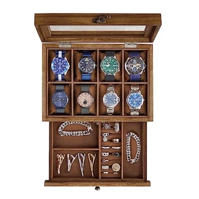 Afbeelding van SONGMICS horlogedoos met 8 compartimenten, massief houten glazen deksel, horlogekussen, sieradenopslag, cadeau voor uw geliefde, walnoot JOW008K01