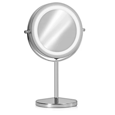 Afbeelding van Navaris ronde spiegel met verlichting Make up LED Dubbelzijdig 7x vergroting 360 draaibaar Diameter 17cm Zilver
