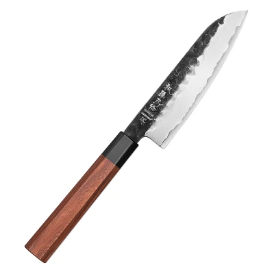 Afbeelding van Hezhen klein Santokumes (5.5 inch) Gemaakt van 3 laags composietstaal (10Cr15CoMoV + SUS410 staal) Hoog koolstof gehalte met hardheid 58 62 HRC Handvat Mahoniehout Santokumesje uit de PM8S Retro Series