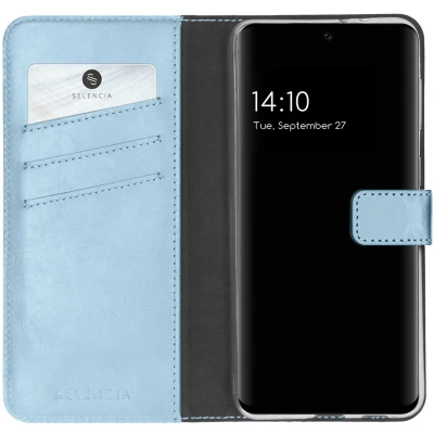 Afbeelding van Selencia Hoesje Geschikt voor Samsung Galaxy S21 FE Met Pasjeshouder Echt Lederen Bookcase Lichtblauw