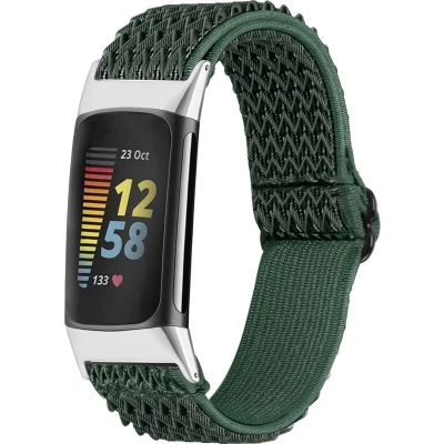 Afbeelding van iMoshion Bandje Geschikt voor Fitbit Charge 5 / 6 Elastisch nylon band met zilveren aansluiting Groen