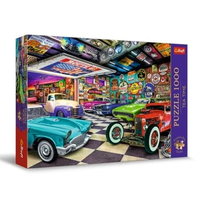 Afbeelding van Trefl Premium Plus Quality Puzzle Tea Time: garage van de autoverzamelaar 1000 stukjes, geschilderde nostalgische fotoserie, voor volwassenen en kinderen vanaf 12 jaar