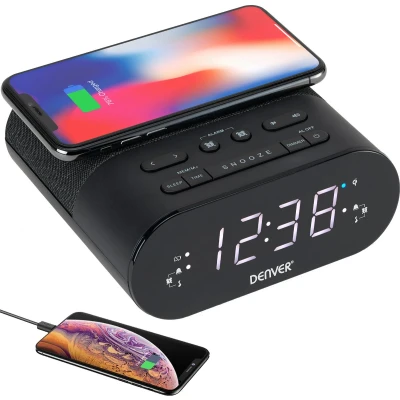 Afbeelding van Denver Wekkerradio met Draadloze Oplader Digitale Wekker FM Radio Dubbel Alarm Dimmer CRQ107 Zwart