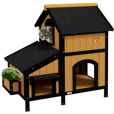 Afbeelding van PawHut Kattenhuis Dennenhout 96L x 65B 85,5H cm Geel