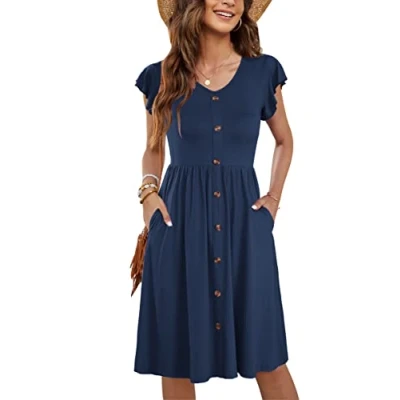 Afbeelding van Molerani Zomerjurk voor dames, casual, ruches, V hals, elastische taille, midi jurk met zakken, maten S 2XL, Navy Blauw
