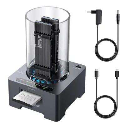 Afbeelding van M.2 SSD dockingstation, JMS581LT chipset voor alle NVMe en NGFF SSD&#039;s, CFexpress type B kaartlezer, USB 3.2 Gen2 10 Gbit/s, 60 mm stille ventilator, 2 kabels, voeding
