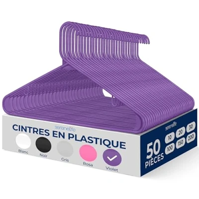 Image de SereneLife Cintres en Plastique Antidérapants Lot de 50, Ultra Fins et Légers, Idéals pour Chemises, Pulls, Sweats, Vêtements Enfants Robes Gain Place Couleur Violet
