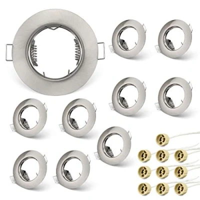 Afbeelding van KYOTECH Set van 10 frames voor GU10 spots, inbouwframe, rond, geborsteld nikkel, halogeenlampen, GU10, MR16, led module, inbouwframe met fittingen