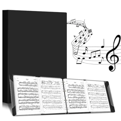 Afbeelding van Muziekmap, 4 zijdig, opvouwbaar, A4 formaat, met 52 transparante hoesjes, zwart, muziekstandaard, notitieboekje, muziekhouder,