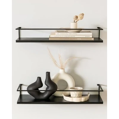 Afbeelding van Kazai.® Stenn Wandrek, hangplanken van metaal en echt hout, zwevende planken als rek voor badkamer, woonkamer, keuken, slaapkamer meer, eiken