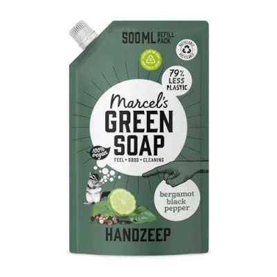 Afbeelding van Marcel&#039;s Green Soap navulverpakking voor handzeep zwarte peper en bergamot Microplasticvrije formule 99% biologisch afbreekbaar Veganistisch