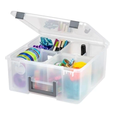 Afbeelding van Iris Ohyama, Draagbare transparante kunststof opbergdoos met handvat, grijs, 25 l, veilige latten, 4 uitneembare binnenbekers en dividers, voor hobby, handwerk, kunst, knutselbox, krate, BPA vrij,