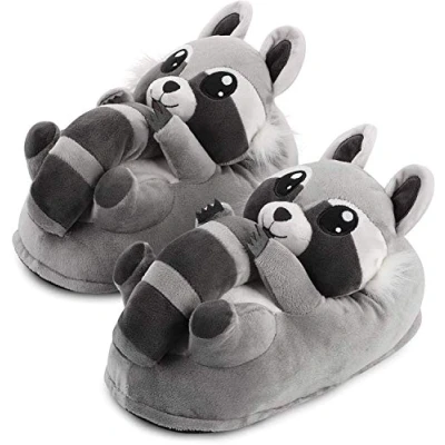 Afbeelding van corimori Schattige pluche pantoffels (10+ designs) wasbeer Lina&quot; slippers eenheidsmaat 34 44 Uniseks Grijs Zwart