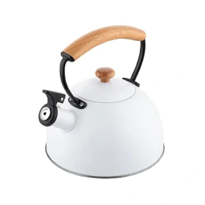 Image de Bouilloire à Induction Théière Sifflet 23L Acier Inox. Poignée en Bois Florina Wooden Blanc