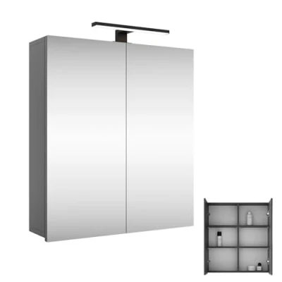 Afbeelding van Planetmöbel Merkur Toiletkast met verlichting, breedte 60 cm, hangkast spiegel, mat zwart, ledverlichting, antraciet