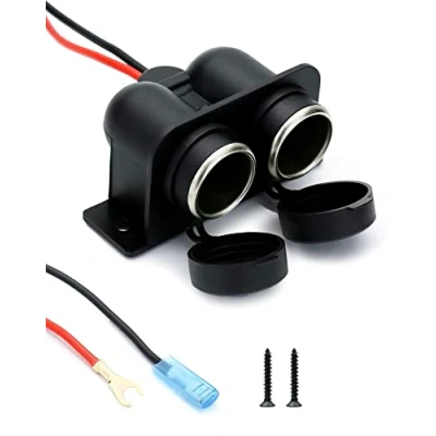 Afbeelding van QWORK Sigarettenaansteker voor auto, DC 12 V, stofdicht stopcontact met verlengkabel 60 cm en zekering 10 A boot, motorfiets (dubbele poort)
