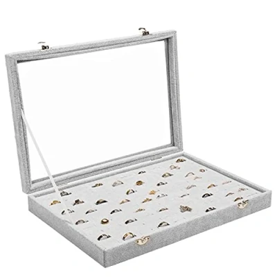 Afbeelding van Belle Vous Grijze Fluwelen Ring Sieraden Opbergdoos Lade met 100 Sleuven en Deksel Vitrine Organizer Houder Helder Transparant Glazen voor Ringen, Oorbellen Manchetknopen