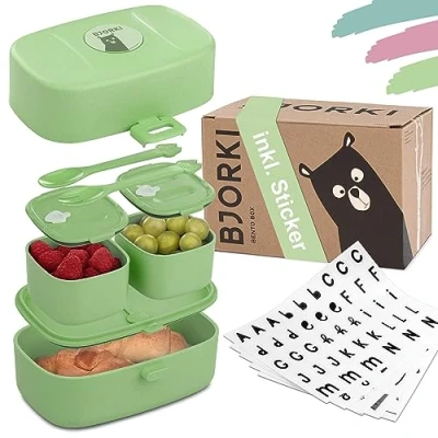 Afbeelding van BJORKI® Bento Box voor kinderen, met gratis naamsticker, lekvrije lunchbox vakken, duurzame broodtrommel kinderen kleuterschool en school, opbergdoos onderweg.