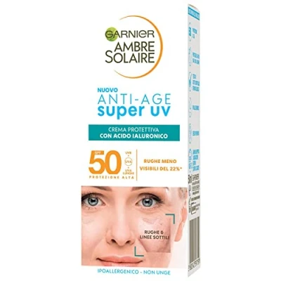 Image de Garnier Crème Visage Protection Anti Age Super UV Pour Peau Sensible, SPF 50, Absorption Rapide, Avec Acide Hyaluronique, Ambre Solaire, 50 ml