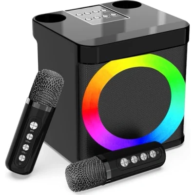 Afbeelding van karaoke machine, draagbaar, luidspreker, bluetooth, met 2 draadloze microfoons, systeem voor kinderen ledlampen, volwassenen, ondersteunt AUX/USB/TF