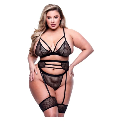 Afbeelding van Baci 3pc Strappy Bra, Garter &amp; Panty Set Black Queen