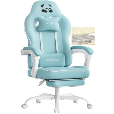 Afbeelding van WOLTU GS16hbl Gamingstoel met pocketveringkussen, belastbaar tot 150 kg, ergonomisch, draaibaar, kussen, lendenkussen, voetsteun, netstof, lichtblauw