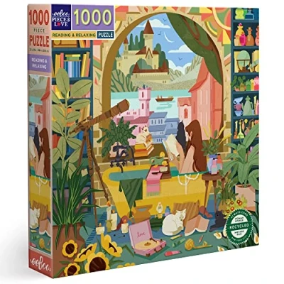 Afbeelding van eeBoo 1000 stukjes, lezen en ontspannen, gerecycled karton, hoogwaardige puzzel voor volwassenen, blauw, groen, bruin, rood, geel, paars