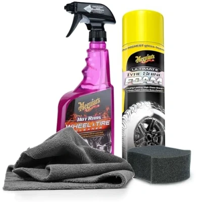 Afbeelding van Meguiar&#039;s Ultimate Tyre Shine Foam + Meguiars Hot Rims Wheel Cleaner applicatorpad microvezeldoek Onderhoud en reiniging van velgen banden