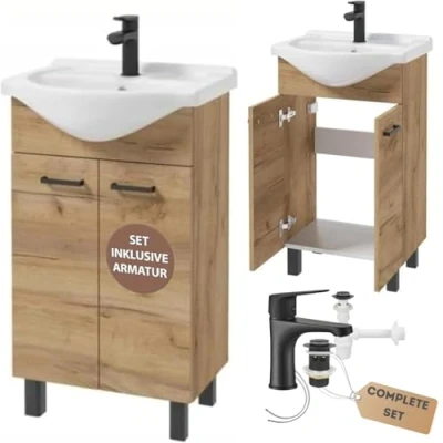Afbeelding van Domodomo badkamerkast met wastafel, 85 x 50 41 cm, badkamermeubel, staande en onderkast, elegante set keramische wastafel