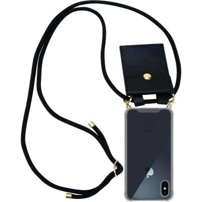 Afbeelding van Cadorabo Hoesje geschikt voor Apple iPhone X / XS in ZWART Silicone Mobiele telefoon ketting beschermhoes met gouden ringen, koordriem en afneembare etui